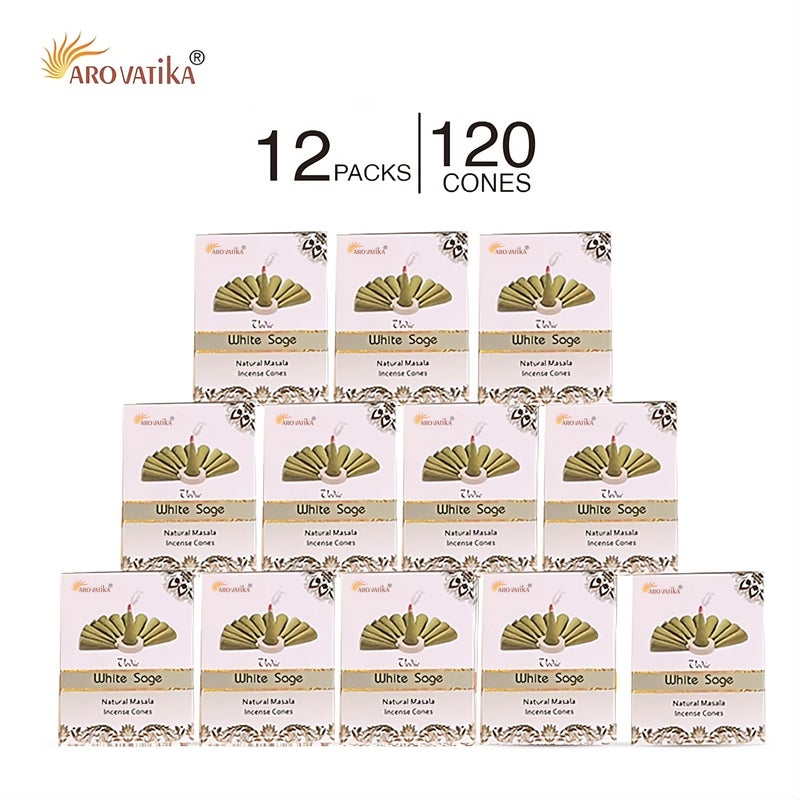 ARO VATIKA Vedic Natural Masala 120 Incense Cones in Pack of 12 Boxes |12 Assorted Fragrances Dhoop Cones | Best for Prayer, Reiki, Meditation and Relaxation | Burn time- 25 Mins (White Sage) - Image 2